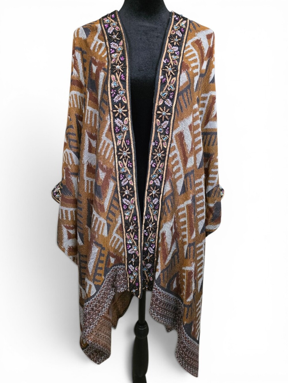 Soft Surroundings Beaded Boho Kimono 1CV71 One Size Cotton Blend Southwestern